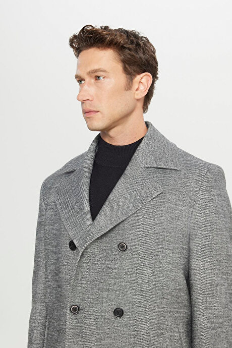 Kaşe Standart Fit Normal Kesim Mono Yaka Balıksırtı Desenli Yan Cepli Antrasit Kaban resmi