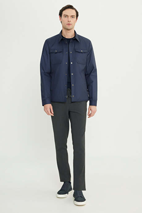 Standart Fit Normal Kesim Gömlek Yaka Yan Cepli İnce Dolgulu Şişme Lacivert Mont resmi