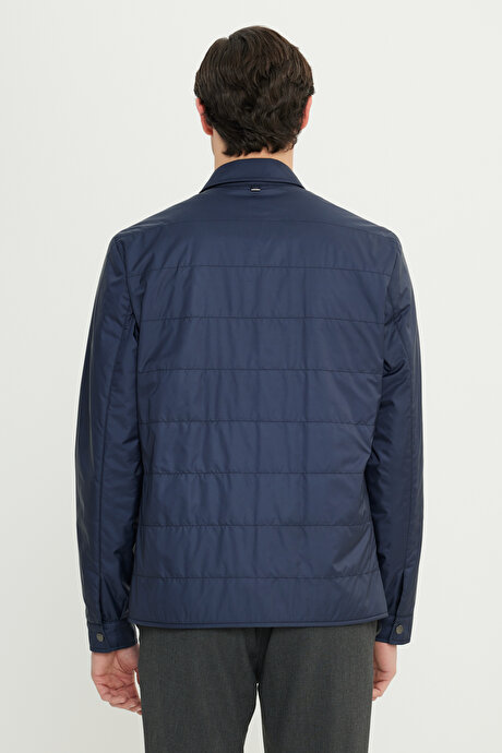 Standart Fit Normal Kesim Gömlek Yaka Yan Cepli İnce Dolgulu Şişme Lacivert Mont resmi