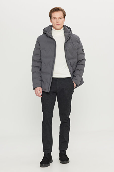 Standart Fit Normal Kesim Kapüşon Yaka Yan Cepli Casual Gri Mont resmi