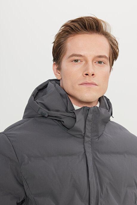 Standart Fit Normal Kesim Kapüşon Yaka Yan Cepli Casual Gri Mont resmi