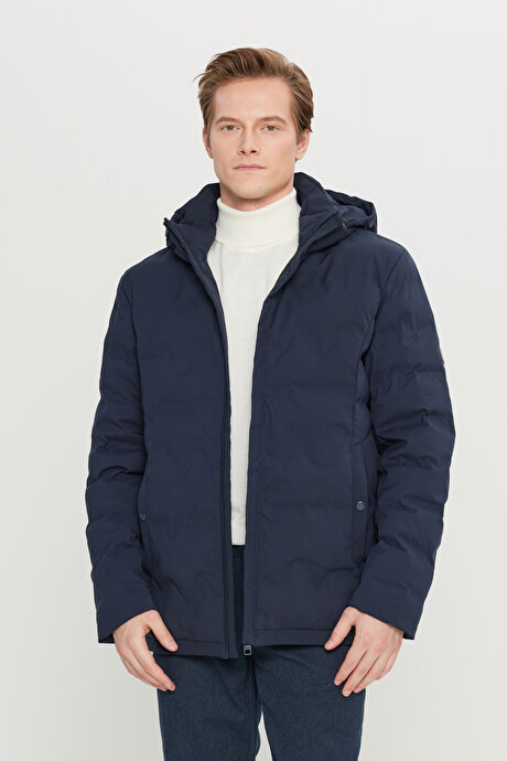 Standart Fit Normal Kesim Kapüşon Yaka Yan Cepli Casual Lacivert Mont resmi