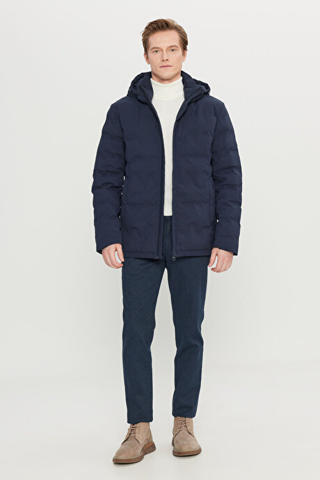 Standart Fit Normal Kesim Kapüşon Yaka Yan Cepli Casual Lacivert Mont resmi