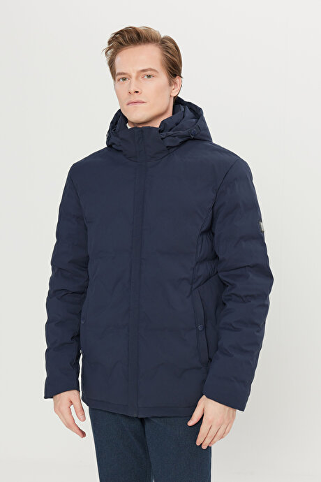 Standart Fit Normal Kesim Kapüşon Yaka Yan Cepli Casual Lacivert Mont resmi