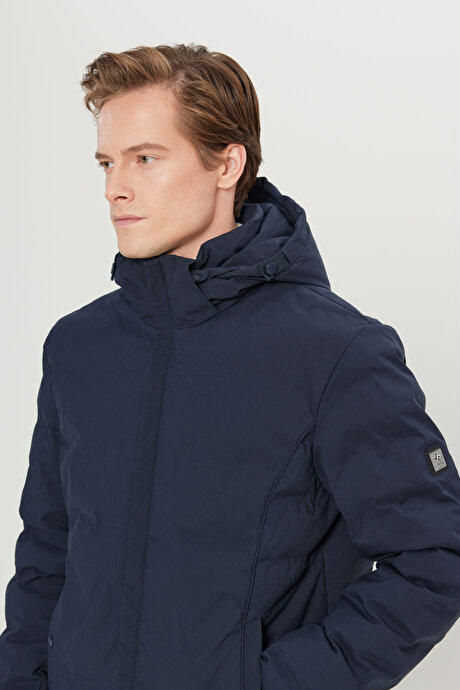 Standart Fit Normal Kesim Kapüşon Yaka Yan Cepli Casual Lacivert Mont resmi