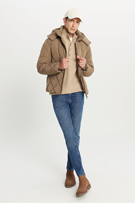 Standart Fit Normal Kesim Kapüşon Yaka Yan Cepli Casual Vizon Mont resmi