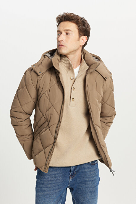 Standart Fit Normal Kesim Kapüşon Yaka Yan Cepli Casual Vizon Mont resmi