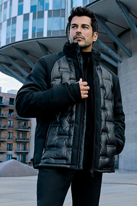 Standart Fit Normal Kesim Dik Yaka Yan Cepli Casual Siyah Mont resmi