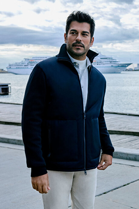 Standart Fit Normal Kesim Dik Yaka Torba Cepli Casual Lacivert Mont resmi