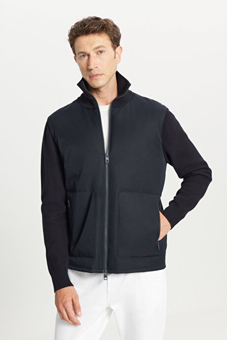 Standart Fit Normal Kesim Dik Yaka Torba Cepli Casual Lacivert Mont resmi