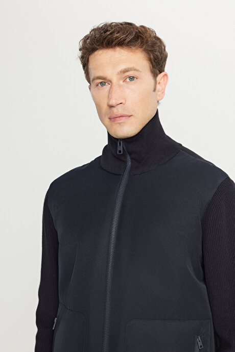 Standart Fit Normal Kesim Dik Yaka Torba Cepli Casual Lacivert Mont resmi