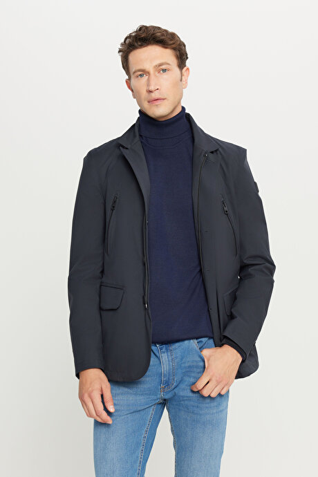 Standart Fit Normal Kesim Mono Yaka Kapak Cepli Casual Lacivert Mont resmi