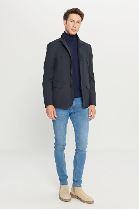 Standart Fit Normal Kesim Mono Yaka Kapak Cepli Casual Lacivert Mont resmi