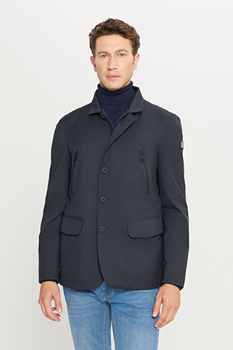 Standart Fit Normal Kesim Mono Yaka Kapak Cepli Casual Lacivert Mont resmi