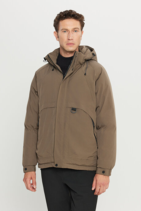 Standart Fit Normal Kesim Kapüşonlu Dik Yaka Yan Cepli Casual Haki Mont resmi