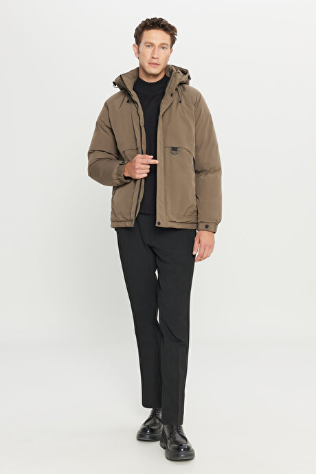Standart Fit Normal Kesim Kapüşonlu Dik Yaka Yan Cepli Casual Haki Mont resmi