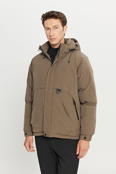 Standart Fit Normal Kesim Kapüşonlu Dik Yaka Yan Cepli Casual Haki Mont resmi