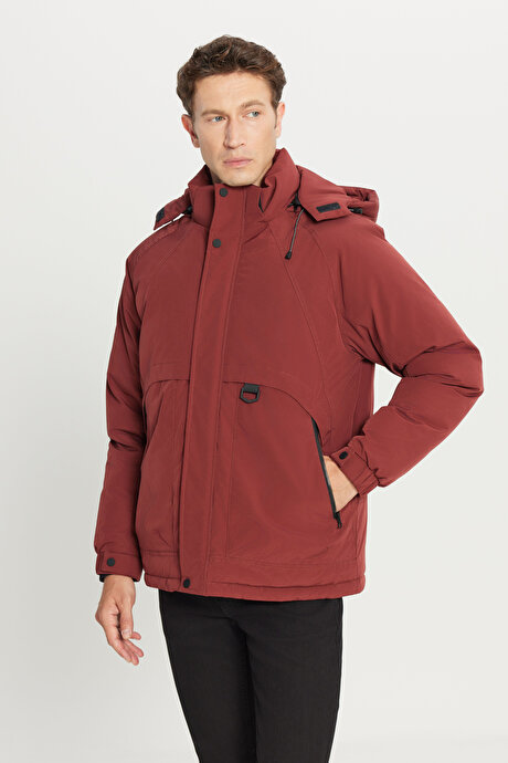 Outdoor Standart Fit Normal Kesim Kapüşonlu Dik Yaka Yan Cepli Casual Kiremit Mont resmi