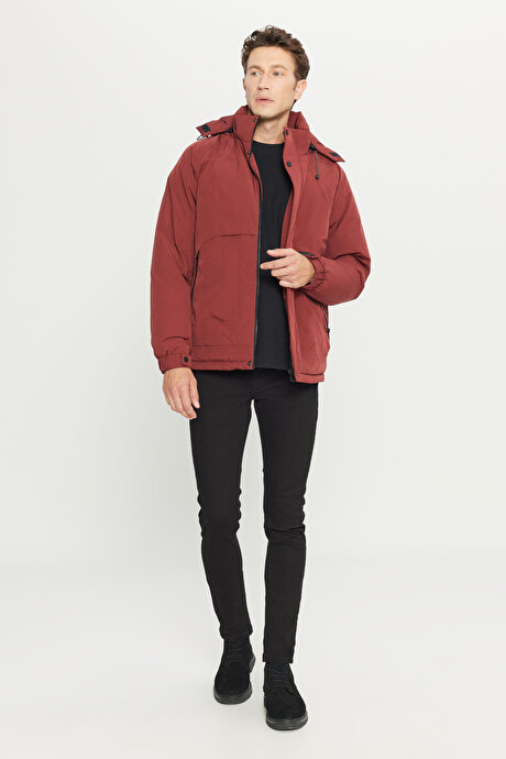 Outdoor Standart Fit Normal Kesim Kapüşonlu Dik Yaka Yan Cepli Casual Kiremit Mont resmi