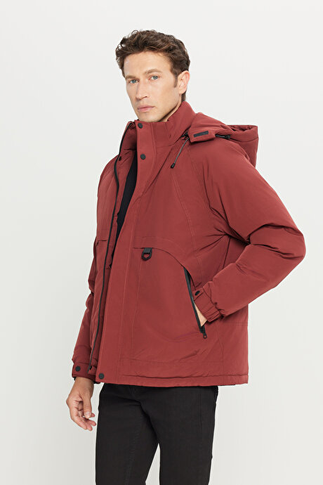 Outdoor Standart Fit Normal Kesim Kapüşonlu Dik Yaka Yan Cepli Casual Kiremit Mont resmi