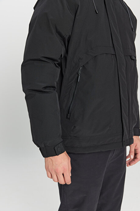 Outdoor Standart Fit Normal Kesim Kapüşonlu Dik Yaka Yan Cepli Casual Siyah Mont resmi