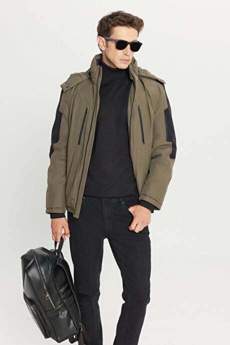 Standart Fit Normal Kesim Kapüşonlu Dik Yaka Yan Cepli Casual Haki Mont resmi