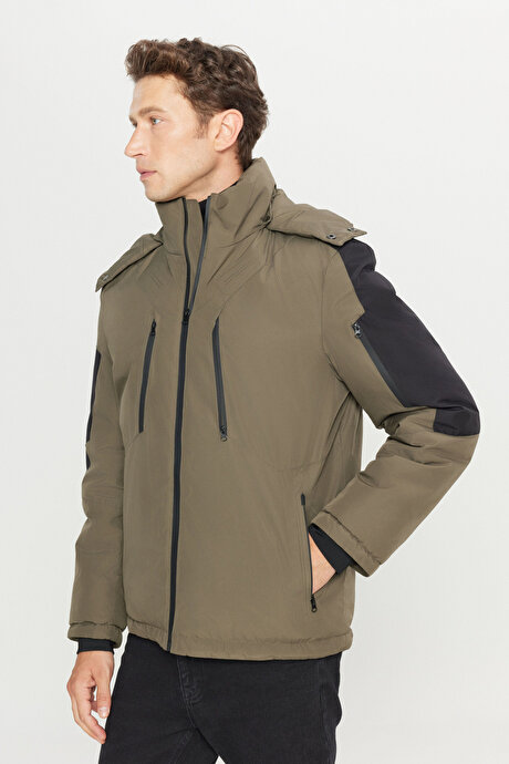 Standart Fit Normal Kesim Kapüşonlu Dik Yaka Yan Cepli Casual Haki Mont resmi