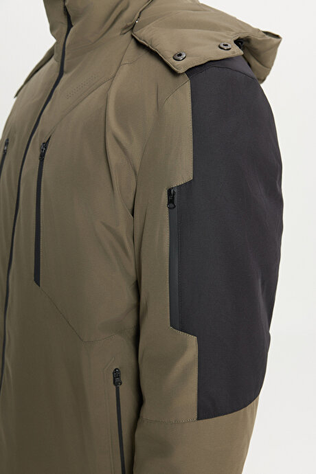 Standart Fit Normal Kesim Kapüşonlu Dik Yaka Yan Cepli Casual Haki Mont resmi