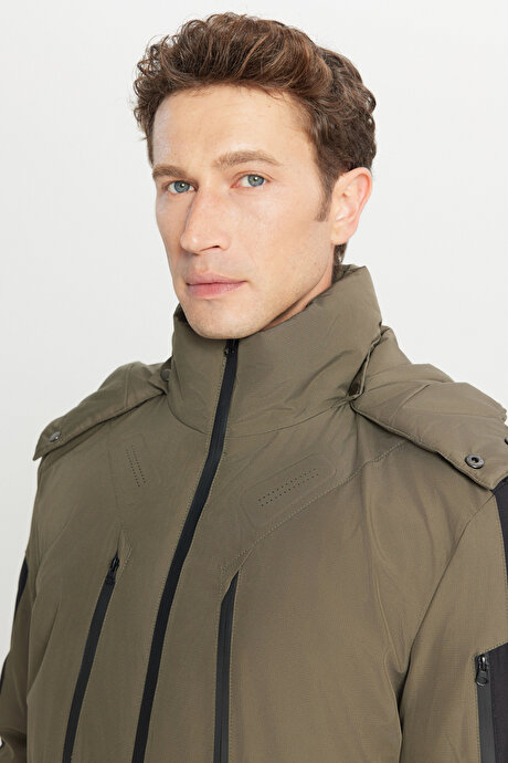 Standart Fit Normal Kesim Kapüşonlu Dik Yaka Yan Cepli Casual Haki Mont resmi