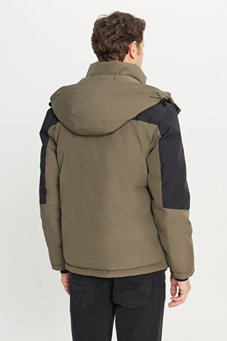 Standart Fit Normal Kesim Kapüşonlu Dik Yaka Yan Cepli Casual Haki Mont resmi