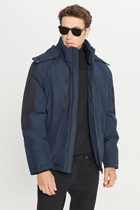 Standart Fit Normal Kesim Kapüşonlu Dik Yaka Yan Cepli Casual Lacivert Mont resmi