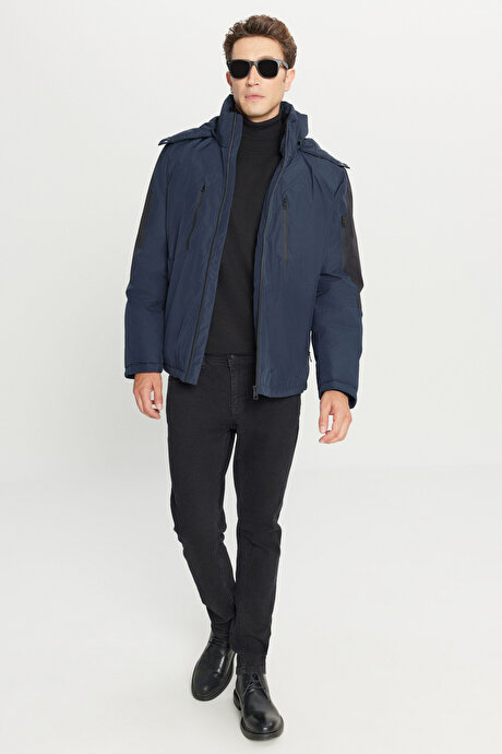 Standart Fit Normal Kesim Kapüşonlu Dik Yaka Yan Cepli Casual Lacivert Mont resmi