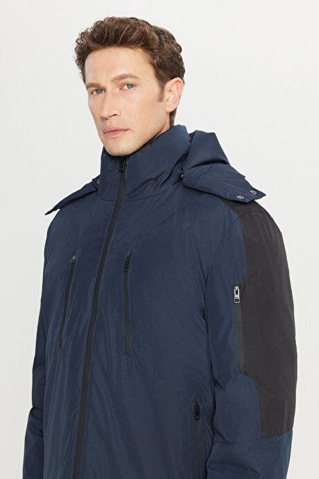 Standart Fit Normal Kesim Kapüşonlu Dik Yaka Yan Cepli Casual Lacivert Mont resmi