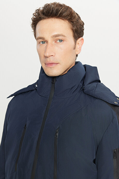 Standart Fit Normal Kesim Kapüşonlu Dik Yaka Yan Cepli Casual Lacivert Mont resmi