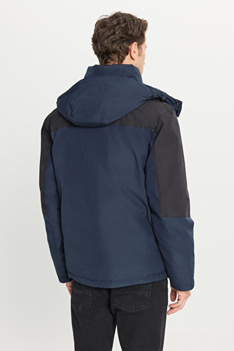 Standart Fit Normal Kesim Kapüşonlu Dik Yaka Yan Cepli Casual Lacivert Mont resmi