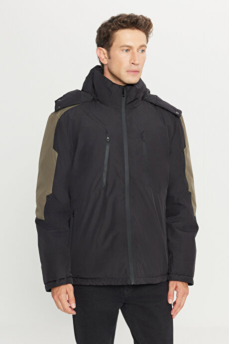 Standart Fit Normal Kesim Kapüşonlu Dik Yaka Yan Cepli Casual Siyah Mont resmi