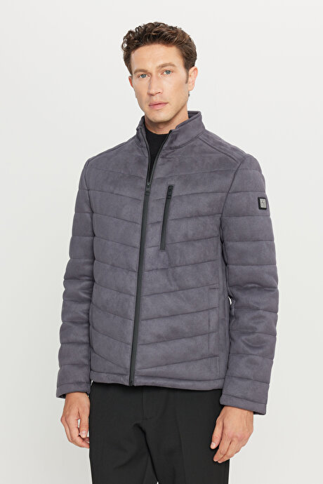 Standart Fit Normal Kesim Kapüşonlu Dik Yaka Casual Antrasit Mont resmi