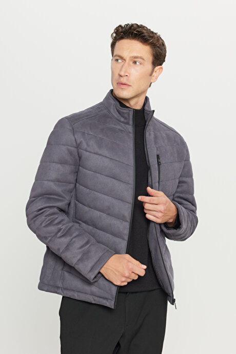 Standart Fit Normal Kesim Kapüşonlu Dik Yaka Casual Antrasit Mont resmi