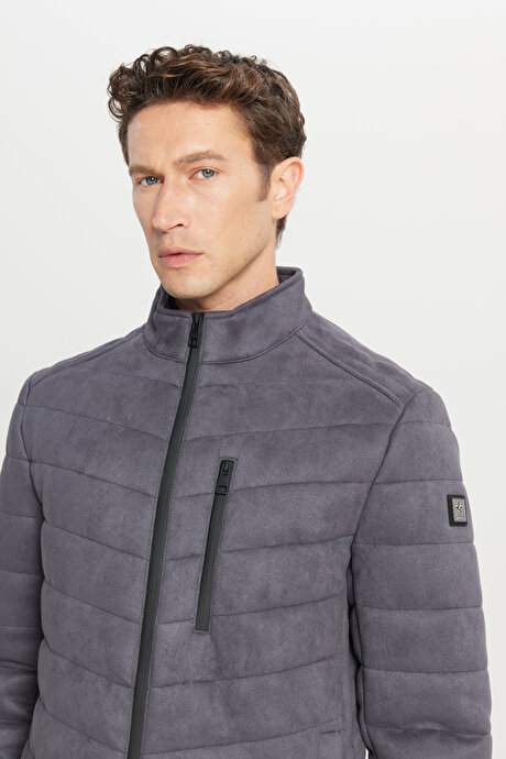 Standart Fit Normal Kesim Kapüşonlu Dik Yaka Casual Antrasit Mont resmi