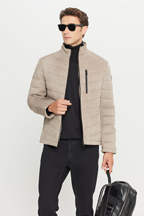 Standart Fit Normal Kesim Kapüşonlu Dik Yaka Casual Bej Mont resmi