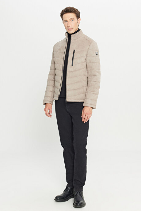 Standart Fit Normal Kesim Kapüşonlu Dik Yaka Casual Bej Mont resmi