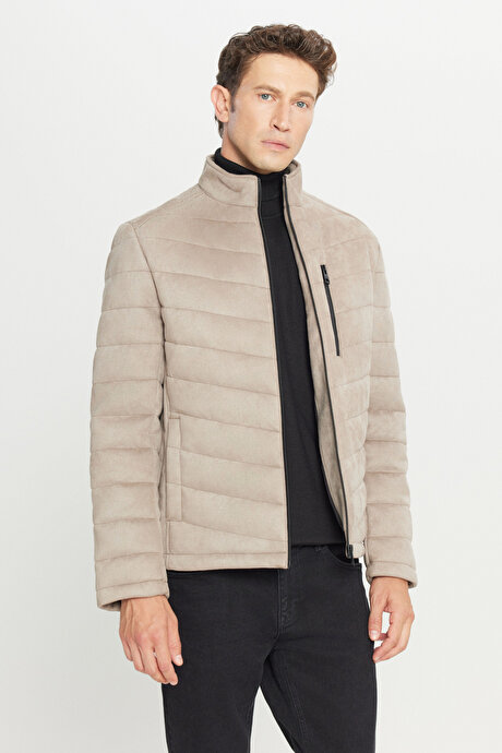 Standart Fit Normal Kesim Kapüşonlu Dik Yaka Casual Bej Mont resmi