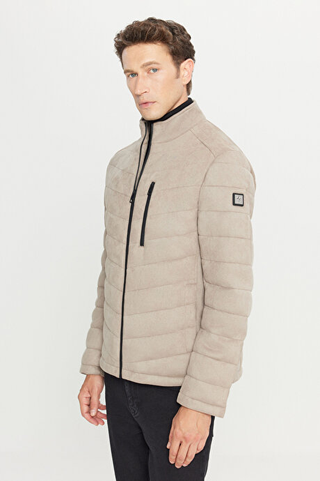 Standart Fit Normal Kesim Kapüşonlu Dik Yaka Casual Bej Mont resmi