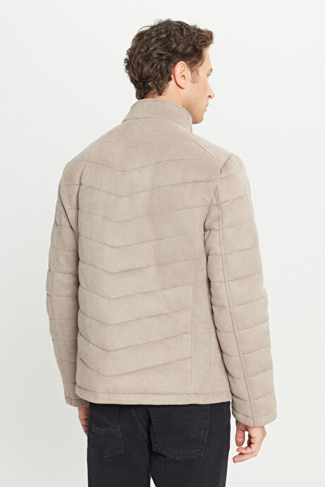 Standart Fit Normal Kesim Kapüşonlu Dik Yaka Casual Bej Mont resmi