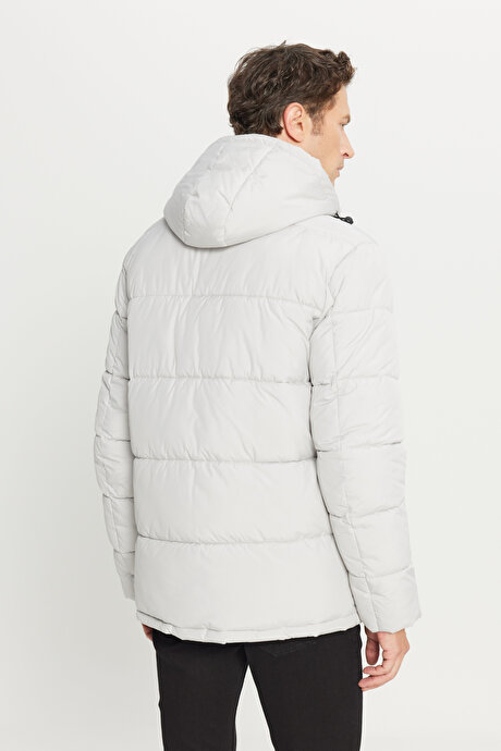 Standart Fit Normal Kesim Kapüşonlu Dik Yaka Yan Cepli Casual Açık Gri Mont resmi