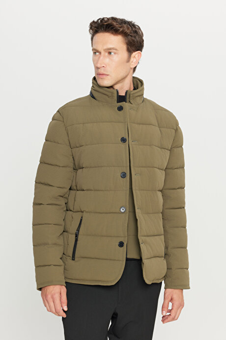 Standart Fit Normal Kesim Dik Yaka Yan Cepli Casual Haki Mont resmi