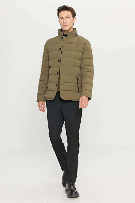 Standart Fit Normal Kesim Dik Yaka Yan Cepli Casual Haki Mont resmi