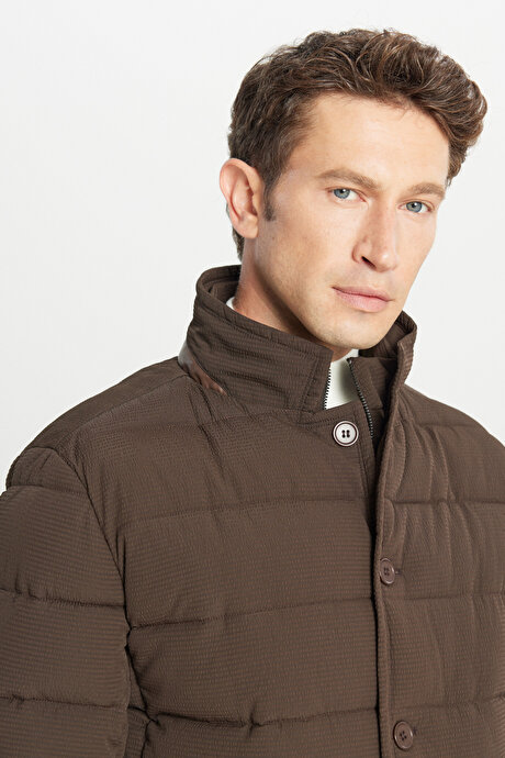 Standart Fit Normal Kesim Dik Yaka Yan Cepli Casual Kahverengi Mont resmi