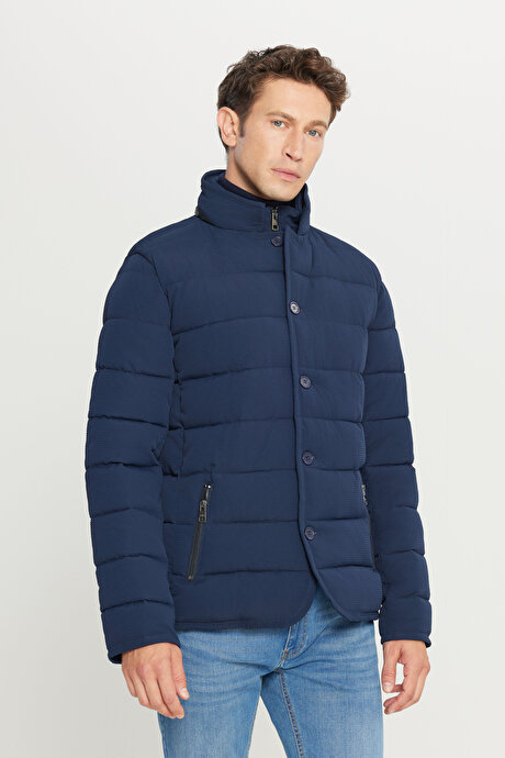 Standart Fit Normal Kesim Dik Yaka Yan Cepli Casual Lacivert Mont resmi