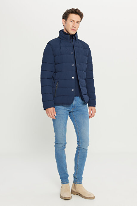 Standart Fit Normal Kesim Dik Yaka Yan Cepli Casual Lacivert Mont resmi